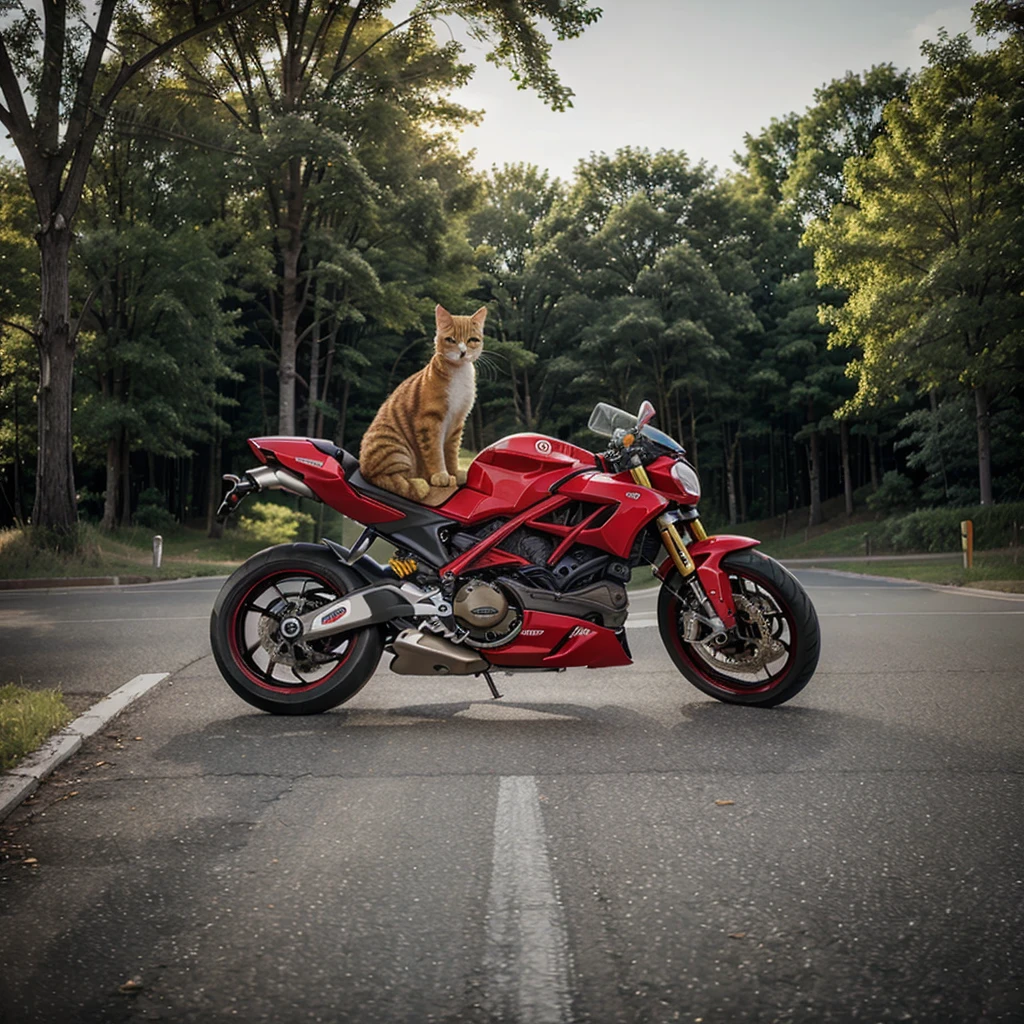 A caliby color cat,Riding a red Ducati,Photorealistic feeling,Real-life cat,The picture has strong contrast,