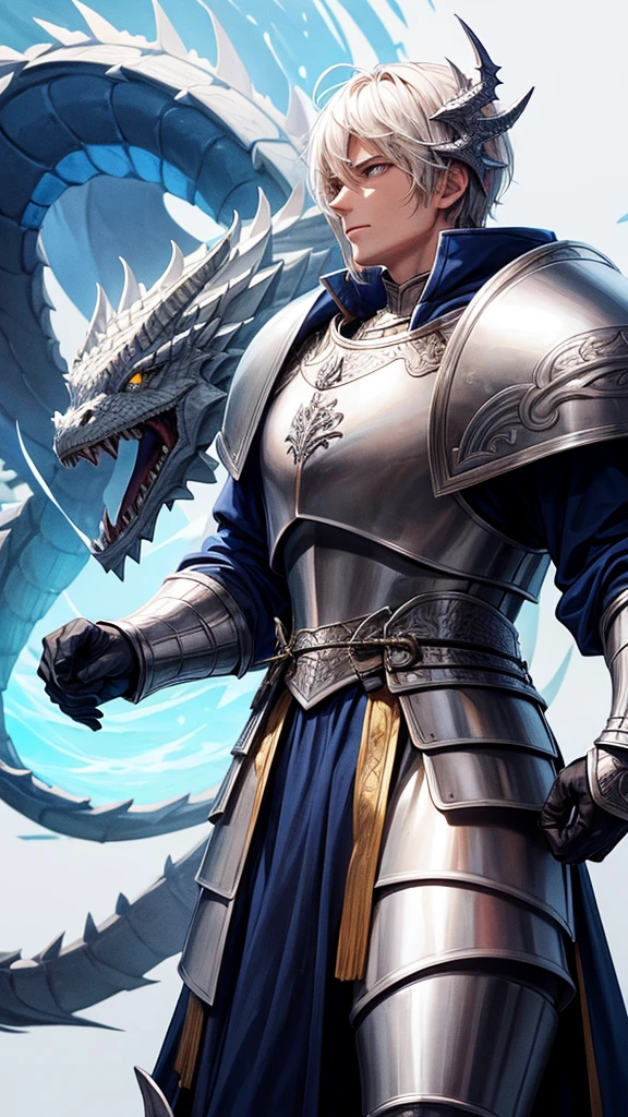 A man wearing white European medieval armor with a dragon design with a hint of blue is carrying a large sword