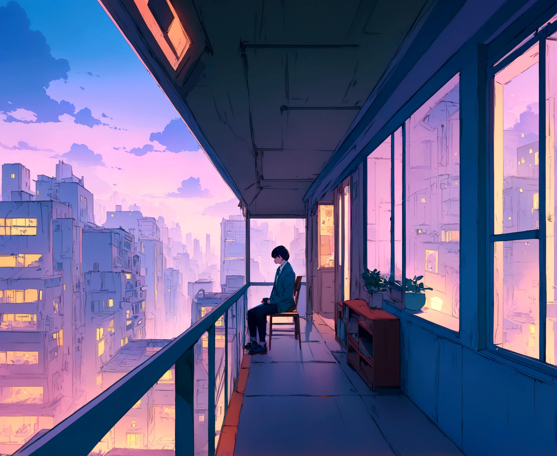 there is a man sitting on a balcony in a building, cyberpunk art inspired by Liam Wong, trending on cg society, digital art, lo-fi illustration style, lofi artstyle, atey ghailan 8 k, lo-fi art, anime background art, tokyo anime scene, anime art wallpaper 8 k, lofi art, anime art wallpaper 4 k