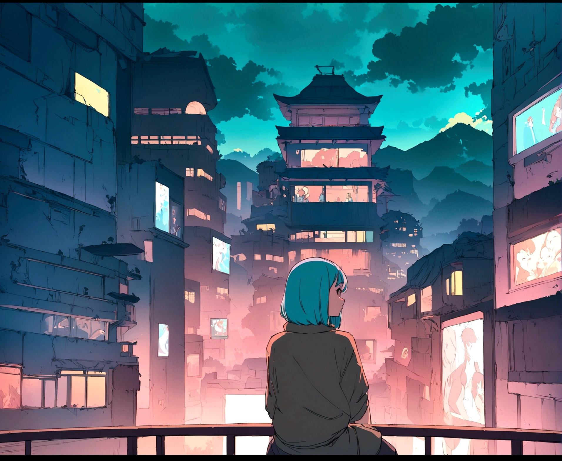 there is a man sitting on a balcony in a building, cyberpunk art inspired by Liam Wong, trending on cg society, digital art, lo-fi illustration style, lofi artstyle, atey ghailan 8 k, lo-fi art, anime background art, tokyo anime scene, anime art wallpaper 8 k, lofi art, anime art wallpaper 4 k