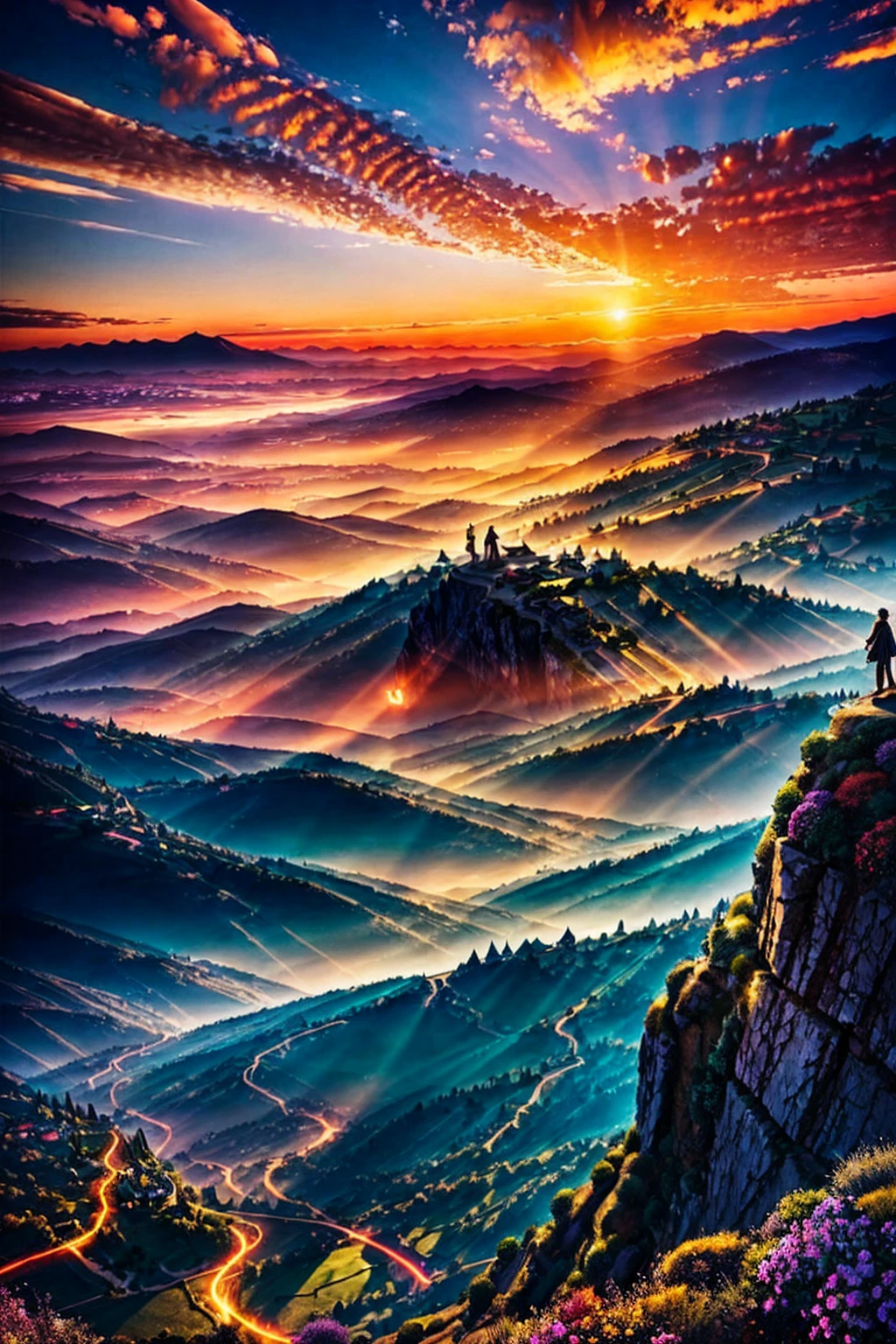 A stunning fantasy landscape with a person standing on a cliff overlooking a colorful, vibrant sunset over a mountainous town below. Detailed, cinematic, dramatic lighting, glowing sky, fantasy elements, photorealistic, 8K resolution.