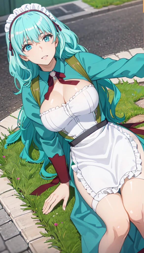 photorealistic, (4k), depth of field, (Masterpiece), (realistic skin texture), extremely detailed, intricate, hyper detailed, professional photography, bokeh, high resolution, sharp detail, best quality, girl, aqua hair, blue eyes, aqua maid dress, maid headdress, frills, apron, . dynamic pose, (lying on side), outdoors, park, light rays, grass, (park bench:1.3),