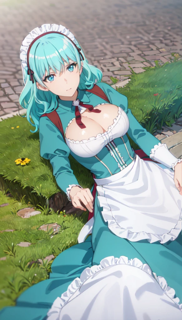 photorealistic, (4k), depth of field, (Masterpiece), (realistic skin texture), extremely detailed, intricate, hyper detailed, professional photography, bokeh, high resolution, sharp detail, best quality, girl, aqua hair, blue eyes, aqua maid dress, maid headdress, frills, apron, . dynamic pose, (lying on side), outdoors, park, light rays, grass, (park bench:1.3),