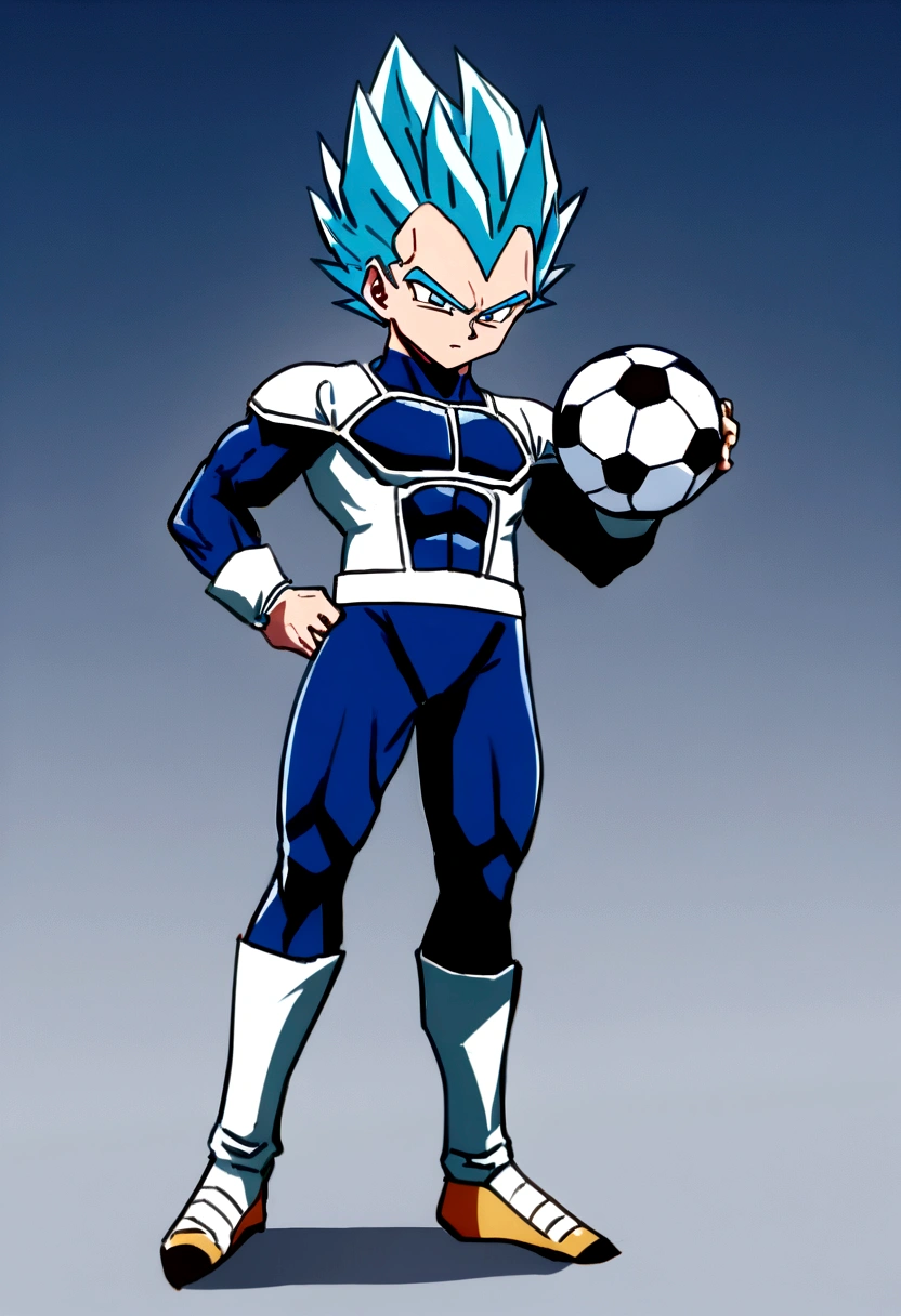 Vegeta as Miniature Saiyan, blue vegeta outfit , anime styling , Football scenario , (( image without deformities)) , best resolution , best qualityer , steady look , ​masterpiece, holding a soccer ball in his hand.