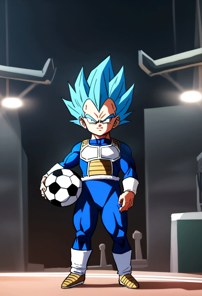 Vegeta as Miniature Saiyan, blue vegeta outfit , anime styling , Football scenario , (( image without deformities)) , best resolution , best qualityer , steady look , masterpiece, holding a soccer ball in his hand.