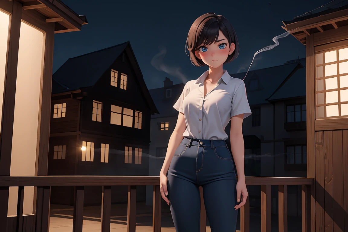 pretty 23 year old girl, medium short hair, BEAU BLUE eyes, she's standing and smoking on a balcony in a corner, in village, wood made house, at night, wear a short shirt and a skinny pant, 16k quality, no override on image, all body, have long legs, have deep shadows, super detail, best quality, no glitches on image, masterpiece, advanced for deep shadows and background quality.