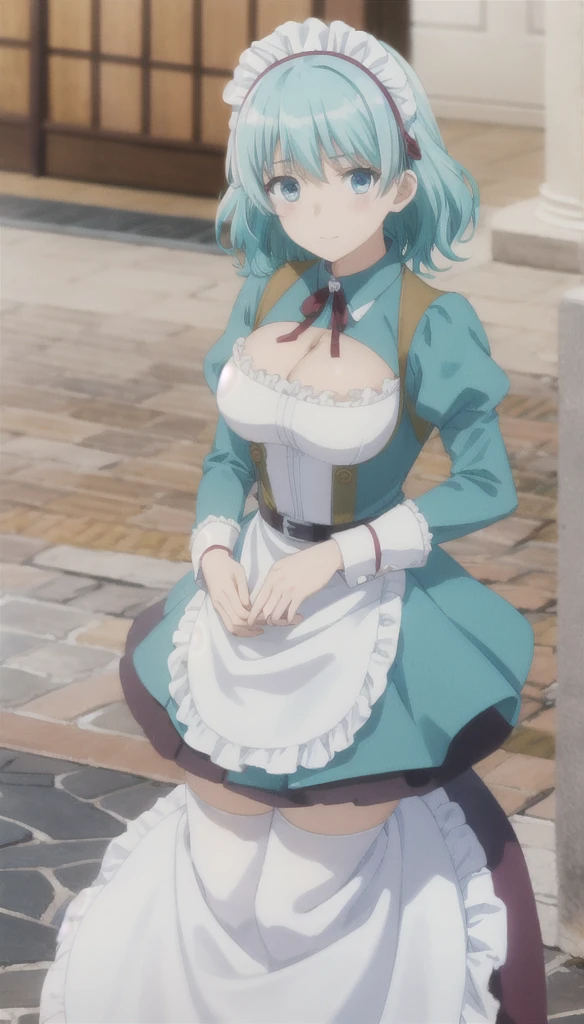 aqua hair
medium hair
blue eyes
aqua maid dress
maid headdress
frills
apron