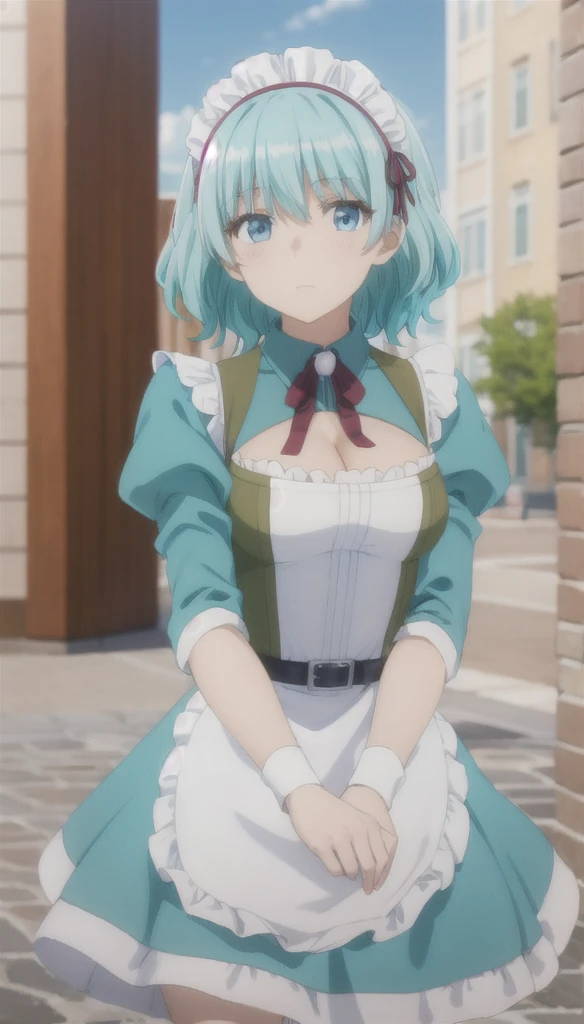 aqua hair
medium hair
blue eyes
aqua maid dress
maid headdress
frills
apron
