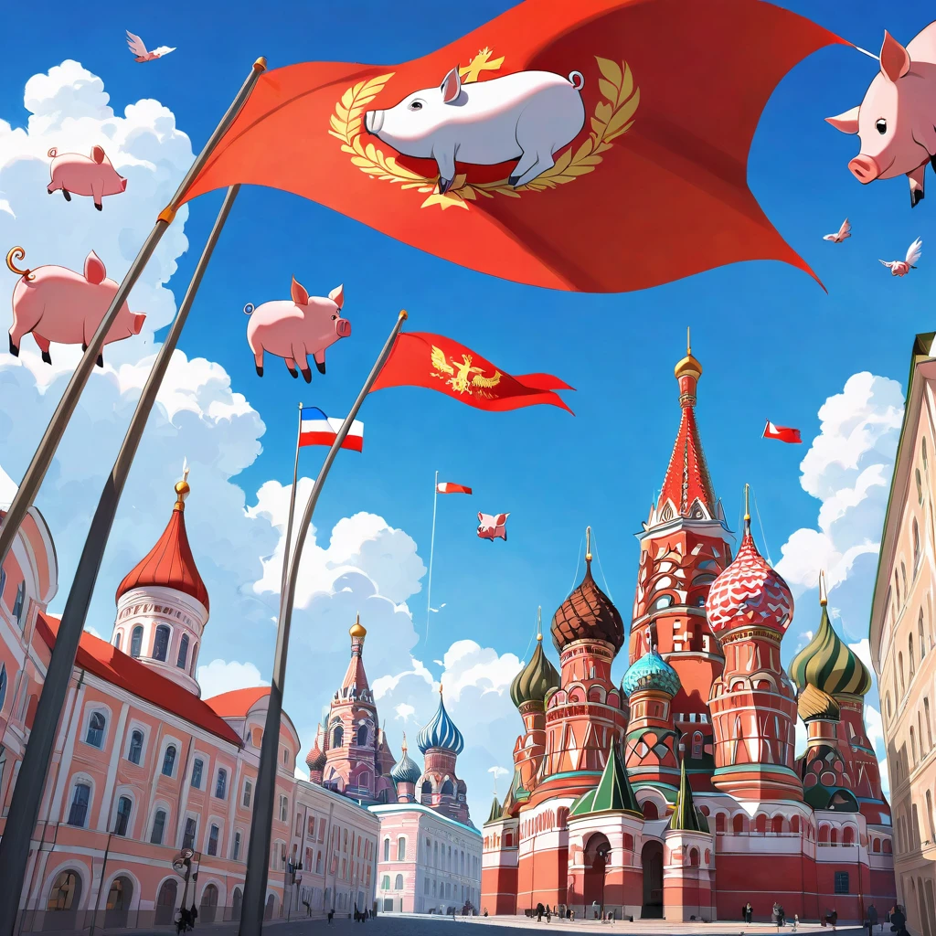the city is attacked by flying pigs with a flag at the bottom red in the middle blue at the top white, Russian flag