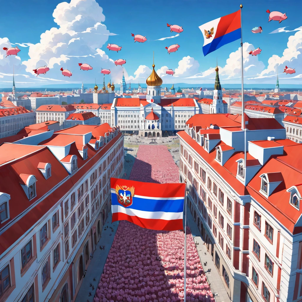 the city is attacked by flying pigs with a flag at the bottom red in the middle blue at the top white, Russian flag