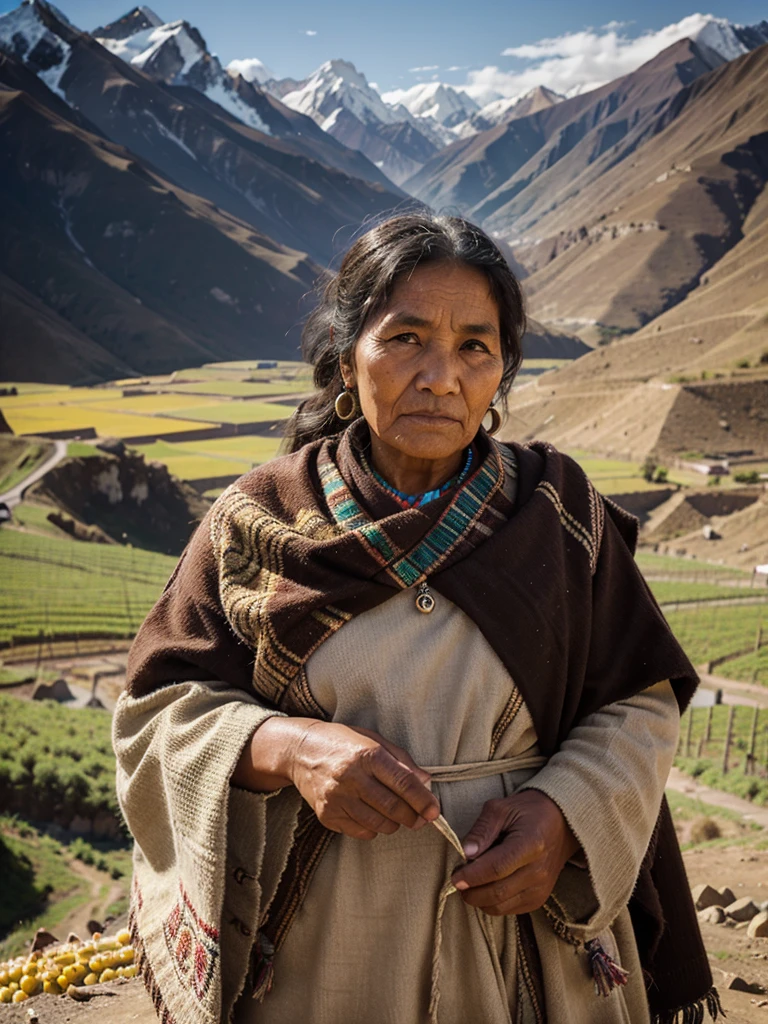 Andean indigenous old woman with mountains and corn crops in the background