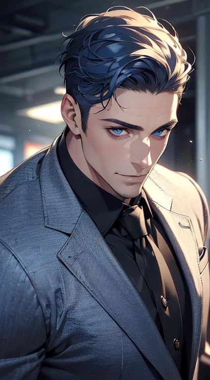 (best quality,4k,8k,highres,masterpiece:1.2),ultra-detailed,(realistic,photorealistic,photo-realistic:1.37),1 man,31 years old,mature man,very handsome,without expression,smile,short blue hair,blue eyes,penetrating gaze,perfect face without errors,imposing posture,businessman,office background,cinematic lighting,hdr image