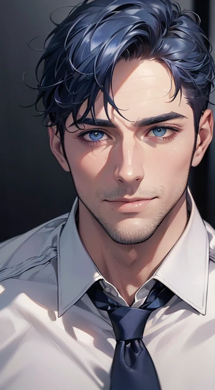 (best quality,4k,8k,highres,masterpiece:1.2),ultra-detailed,(realistic,photorealistic,photo-realistic:1.37),1 man,31 years old,mature man,very handsome,without expression,smile,short blue hair,blue eyes,penetrating gaze,perfect face without errors,imposing posture,businessman,office background,cinematic lighting,hdr image