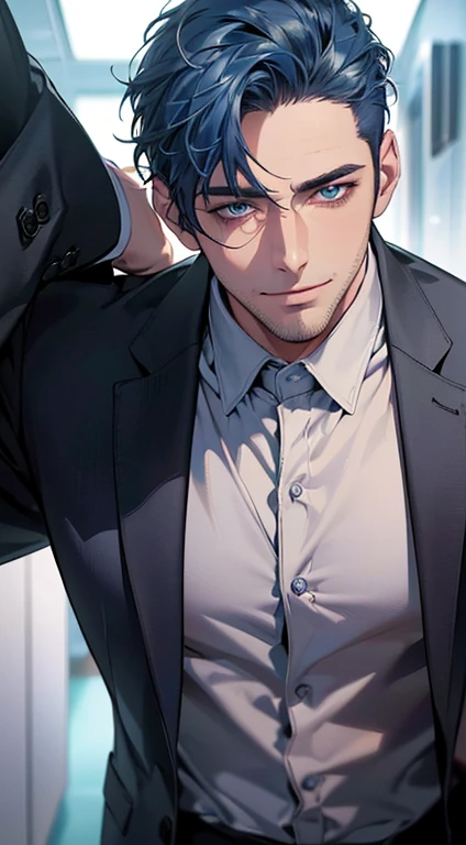 (best quality,4k,8k,highres,masterpiece:1.2),ultra-detailed,(realistic,photorealistic,photo-realistic:1.37),1 man,31 years old,mature man,very handsome,without expression,smile,short blue hair,blue eyes,penetrating gaze,perfect face without errors,imposing posture,businessman,office background,cinematic lighting,hdr image