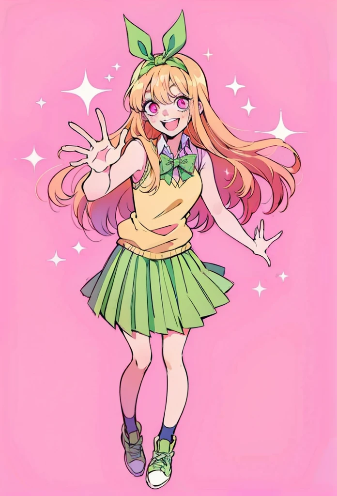 Marin kitagawa, long hair, marin drssed up as Yotsuba Nakano, long blonde hair with pink ends, sparkling pink eyes, sweet face, cheery, playful happy face, lovely, 4k, perfect quality, excellent fusion, excellent character design, green ribbon, sleeveless yellow sweater, collared white short sleeved shirt, green bow tie, green pleated skirt, bright colors, pastel coloured image, vivid colours, light colours, simple background, magic hill background, splendid nature, natural light, daylight, full body, full shot, dinamic pose, extremely detailed, clean lineart, neat, smile