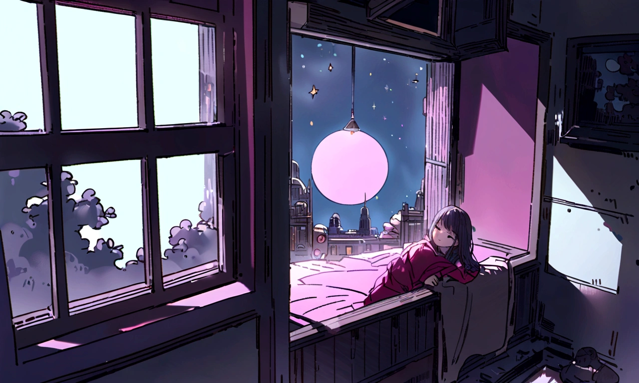 girl relaxing in her room, through the window you can see the moon with an intense light