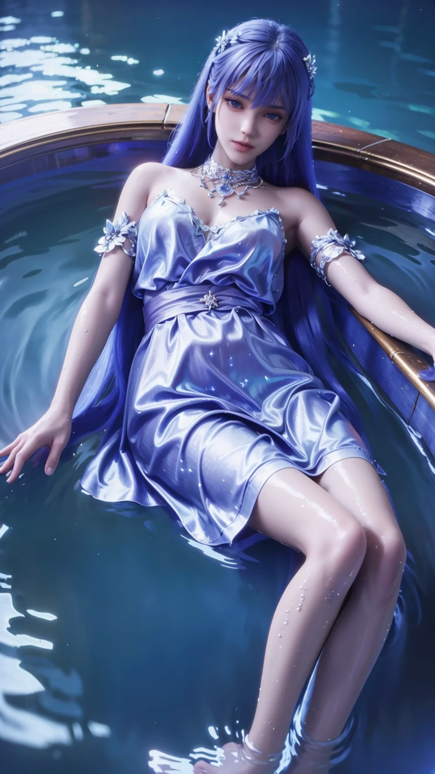 A girl lying on the bed under the stars, delicate smile, beautiful delicate eyes, beautiful delicate lips, extremely delicate face and eyes, long eyelashes, sexy body, flowing hair, best picture quality, famous works, ultra high resolution, (realistic :1.4), RAW photos, (Beautiful face :1.2), (Lying on the water :1.5), 1 girl, (Surreal), (8K), (4K), physical rendering, starry sky, ((full body shot)), barefoot, cross-legged, wearing a dress, long skirt