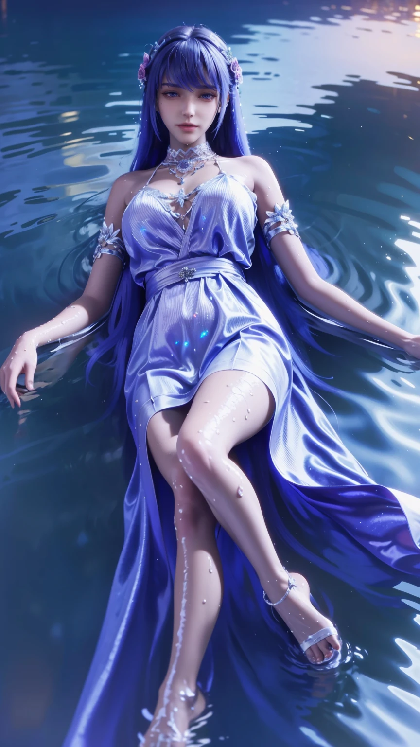 A girl lying on the bed under the stars, delicate smile, beautiful delicate eyes, beautiful delicate lips, extremely delicate face and eyes, long eyelashes, sexy body, flowing hair, best picture quality, famous works, ultra high resolution, (realistic :1.4), RAW photos, (Beautiful face :1.2), (Lying on the water :1.5), 1 girl, (Surreal), (8K), (4K), physical rendering, starry sky, ((full body shot)), barefoot, cross-legged, wearing a dress, long skirt