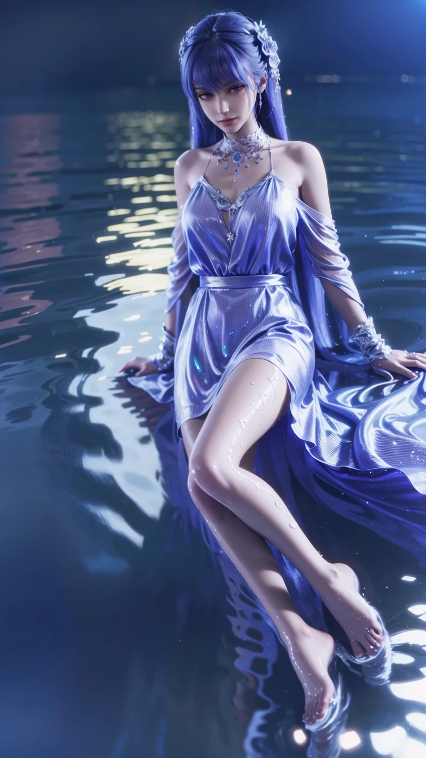 A girl lying on the bed under the stars, delicate smile, beautiful delicate eyes, beautiful delicate lips, extremely delicate face and eyes, long eyelashes, sexy body, flowing hair, best picture quality, famous works, ultra high resolution, (realistic :1.4), RAW photos, (Beautiful face :1.2), (Lying on the water :1.5), 1 girl, (Surreal), (8K), (4K), physical rendering, starry sky, ((full body shot)), barefoot, cross-legged, wearing a dress, long skirt
