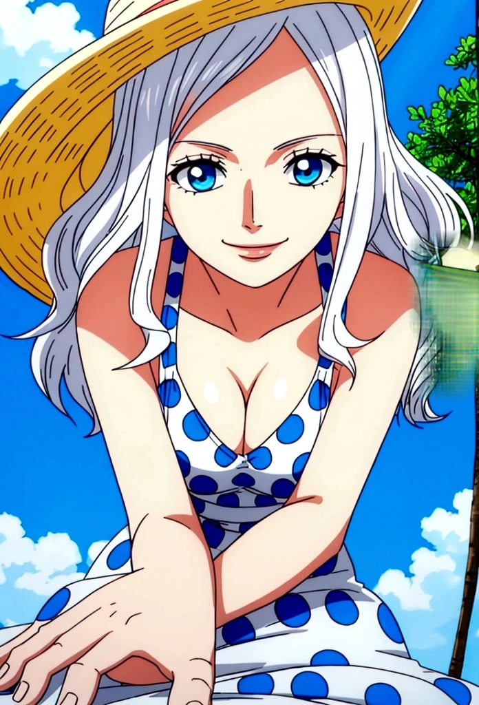 Woman (45 years old), platinum white wavy hair, blue eyes, wearing polka dot sun dress, smiling in a sunny day