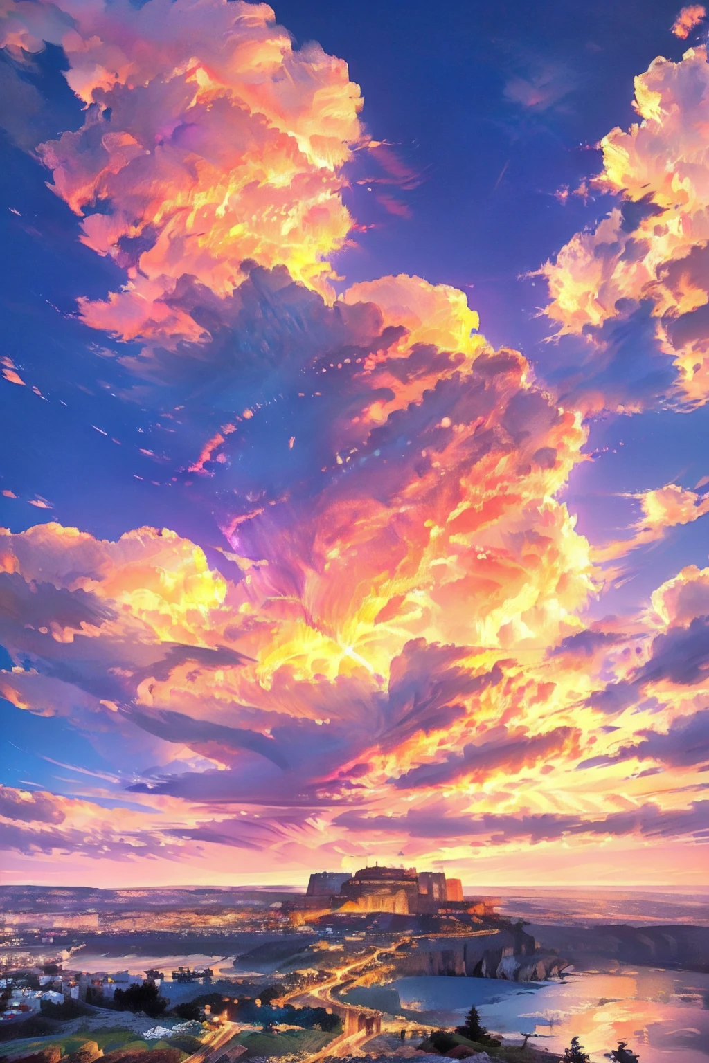 A stunning fantasy landscape with a person standing on a cliff overlooking a colorful, vibrant sunset over a mountainous town below. Detailed, cinematic, dramatic lighting, glowing sky, fantasy elements, photorealistic, 8K resolution.
