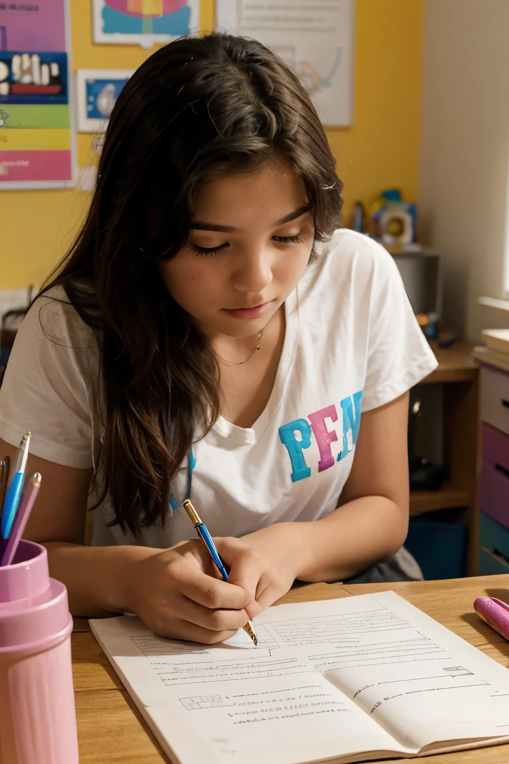 A 15-year-old lady writing at her desk with many colors