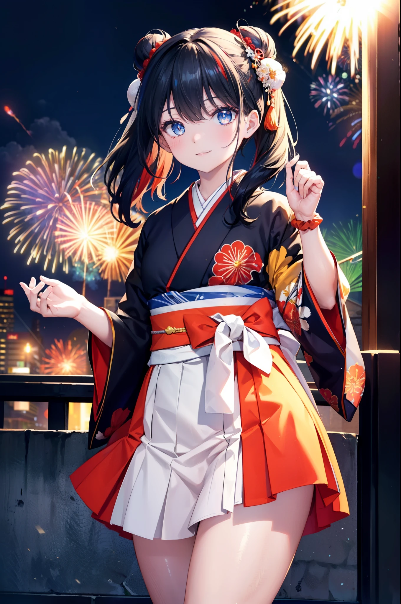 Takada Rokka, Black Hair, blue eyes, Long Hair, orange Scrunchie, Scrunchie, wrist Scrunchie,White Kimono,Thick sleeves,Long skirt,Sandals,日本のfestival,夏festivalの屋台,Red lantern,Hair Bun, double  Hair Bun,happy smile, smile, Open your mouth,Fireworks,The place is a fireworks display、Time is night,Walking,whole bodyがイラストに入るように,
break outdoors, festival,
break looking at viewer, whole body,(Cowboy Shot:1. 5),
break (masterpiece:1.2), Highest quality, High resolution, unity 8k wallpaper, (shape:0.8), (Fine and beautiful eyes:1.6), Highly detailed face, Perfect lighting, Highly detailed CG, (Perfect hands, Perfect Anatomy),