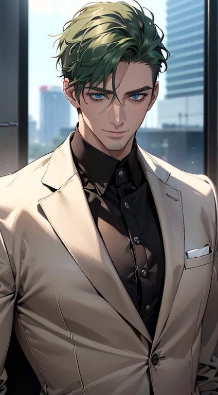 (best quality,4k,8k,highres,masterpiece:1.2),ultra-detailed,(realistic,photorealistic,photo-realistic:1.37),1 man,31 years old,mature man,very handsome,without expression,smile,short green hair,blue eyes,penetrating gaze,perfect face without errors,imposing posture,businessman,office background,cinematic lighting,hdr image