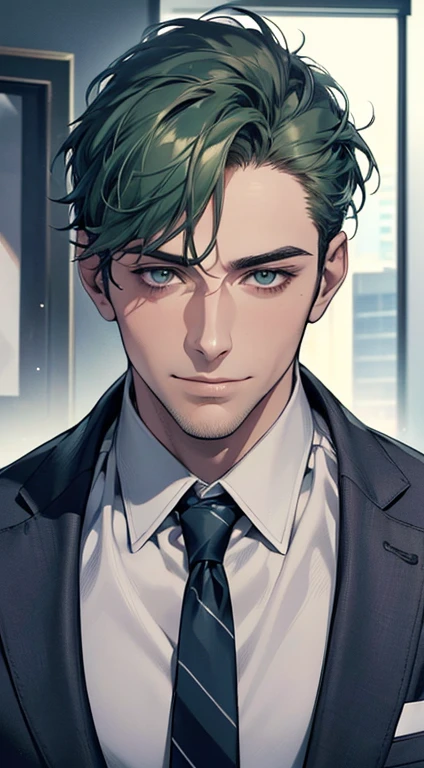 (best quality,4k,8k,highres,masterpiece:1.2),ultra-detailed,(realistic,photorealistic,photo-realistic:1.37),1 man,31 years old,mature man,very handsome,without expression,smile,short green hair,blue eyes,penetrating gaze,perfect face without errors,imposing posture,businessman,office background,cinematic lighting,hdr image