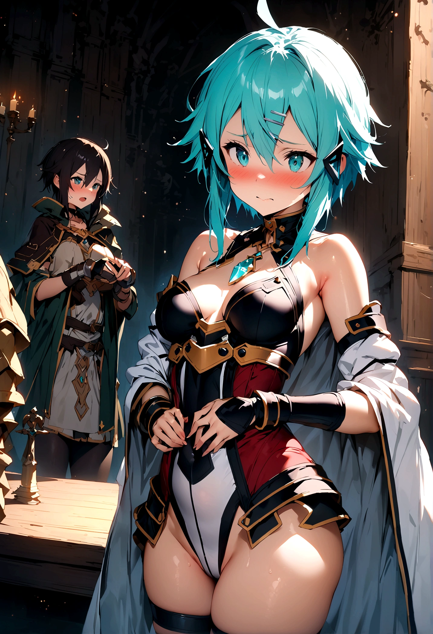 NSFW,masterpiece,Highest quality,High resolution,Super detailed,Sinon\(Sword Art Online\),Bare shoulders,Removable sleeves,Hand guard,leotard,Cape,mini skirt,gem, hair ornaments, Hair Clip,Embarrassed,expectant face,(Lust),(Estrus),blush,Fantasy,Adventurer's Guild,reception,indoor,(Tough-faced man),(Put your hands on my waist and hold me)