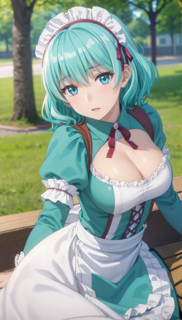 photorealistic, (4k), depth of field, (Masterpiece), (realistic skin texture), extremely detailed, intricate, hyper detailed, professional photography, bokeh, high resolution, sharp detail, best quality, girl, aqua hair, blue eyes, aqua maid dress, maid headdress, frills, apron, . dynamic pose, (lying on side), outdoors, park, light rays, grass, (park bench:1.3),
