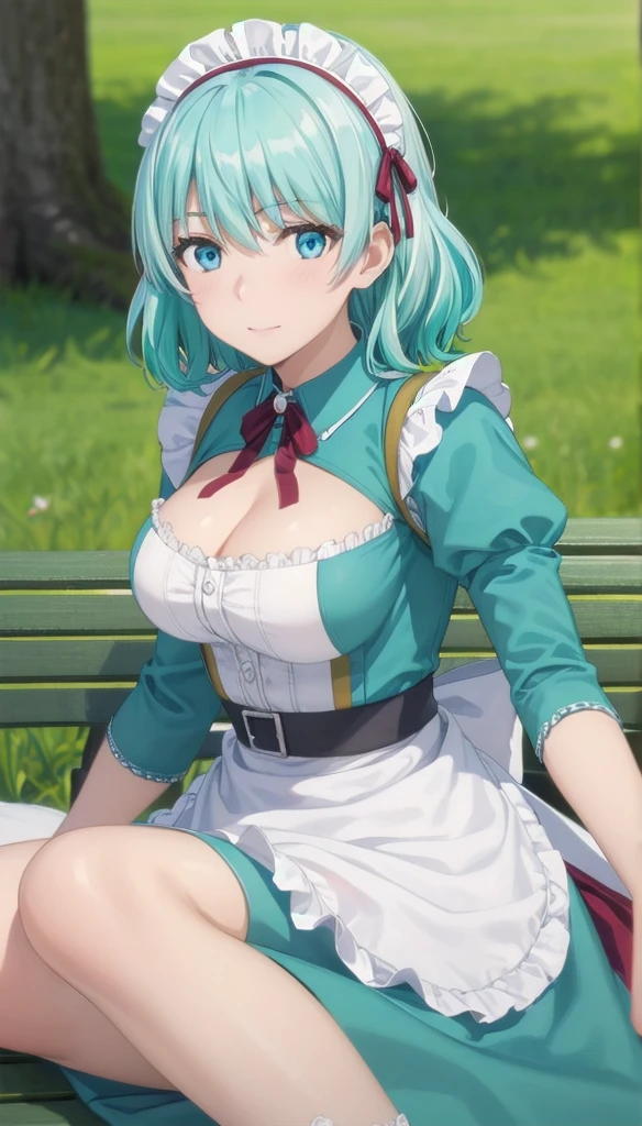 photorealistic, (4k), depth of field, (Masterpiece), (realistic skin texture), extremely detailed, intricate, hyper detailed, professional photography, bokeh, high resolution, sharp detail, best quality, girl, aqua hair, blue eyes, aqua maid dress, maid headdress, frills, apron, . dynamic pose, (lying on side), outdoors, park, light rays, grass, (park bench:1.3),
