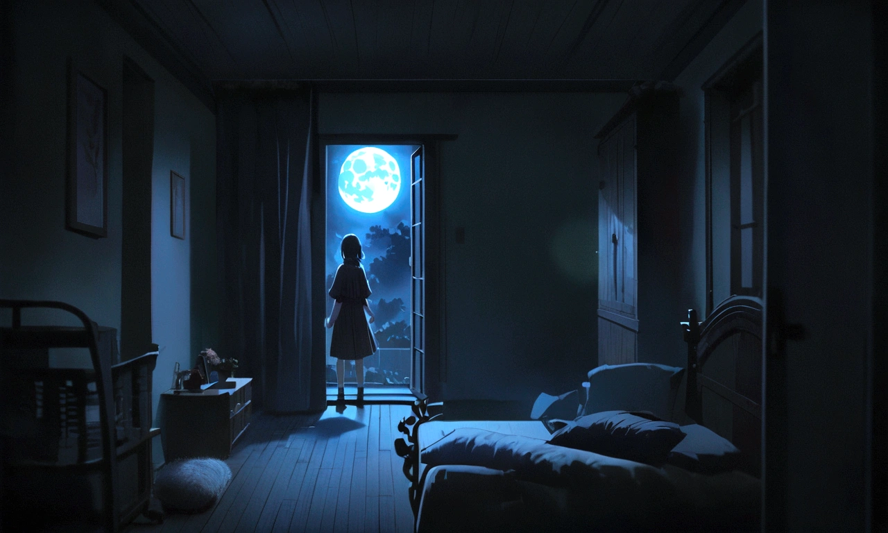 girl relaxing in her room, through the window you can see the moon with an intense light