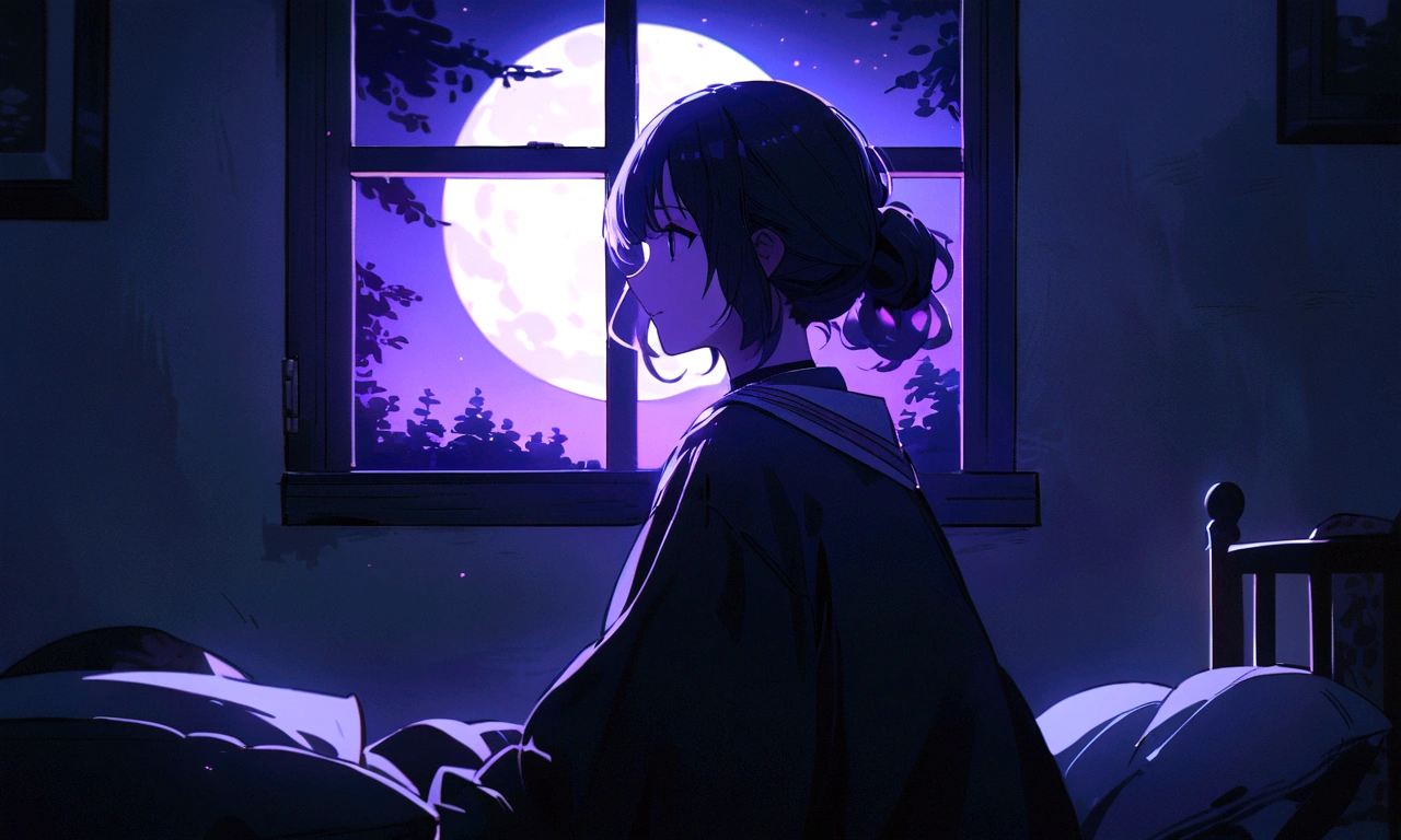 girl relaxing in her room, through the window you can see the moon with an intense light