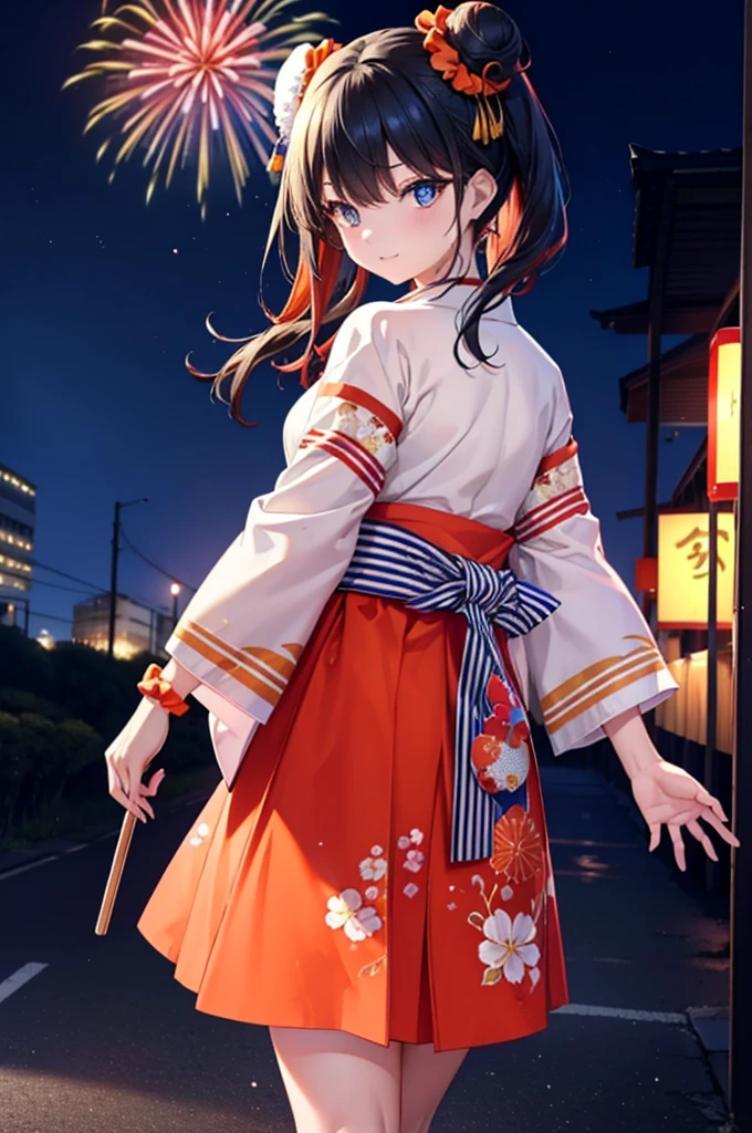 Takada Rokka, Black Hair, blue eyes, Long Hair, orange Scrunchie, Scrunchie, wrist Scrunchie,White Kimono,Thick sleeves,Long skirt,Sandals,日本のfestival,夏festivalの屋台,Red lantern,Hair Bun, double Hair Bun,happy smile, smile, Open your mouth,Fireworks,The place is a fireworks display、Time is night,Walking,whole bodyがイラストに入るように,
break outdoors, festival,
break looking at viewer, whole body,(Cowboy Shot:1. 5),
break (masterpiece:1.2), Highest quality, High resolution, unity 8k wallpaper, (shape:0.8), (Fine and beautiful eyes:1.6), Highly detailed face, Perfect lighting, Highly detailed CG, (Perfect hands, Perfect Anatomy),