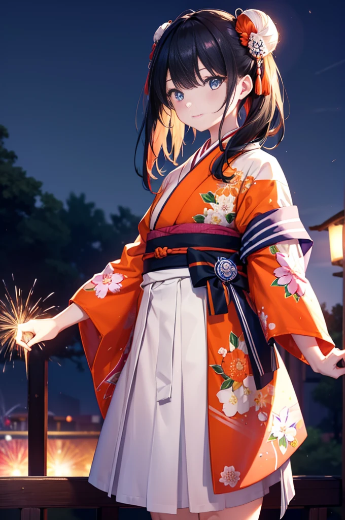 Takada Rokka, Black Hair, blue eyes, Long Hair, orange Scrunchie, Scrunchie, wrist Scrunchie,White Kimono,Thick sleeves,Long skirt,Sandals,日本のfestival,夏festivalの屋台,Red lantern,Hair Bun, double  Hair Bun,happy smile, smile, Open your mouth,Fireworks,The place is a fireworks display、Time is night,Walking,whole bodyがイラストに入るように,
break outdoors, festival,
break looking at viewer, whole body,(Cowboy Shot:1. 5),
break (masterpiece:1.2), Highest quality, High resolution, unity 8k wallpaper, (shape:0.8), (Fine and beautiful eyes:1.6), Highly detailed face, Perfect lighting, Highly detailed CG, (Perfect hands, Perfect Anatomy),