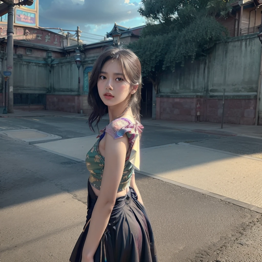 a beautiful girl, detailed eyes and lips, standing alone on the middle of a street in Thailand's Chinatown, 1girl, high contrast, vibrant colors, cinematic lighting, photorealistic, 8k, extremely detailed, hyper realistic, masterpiece, digital art, cinematic, muted tones, dramatic lighting, moody atmosphere, detailed environment, intricate architecture, cobblestone street, neon signs, lush greenery, atmospheric haze, beautiful detailed face, elegant pose, breathtaking, cinematic composition, flawless detail, stunning realism