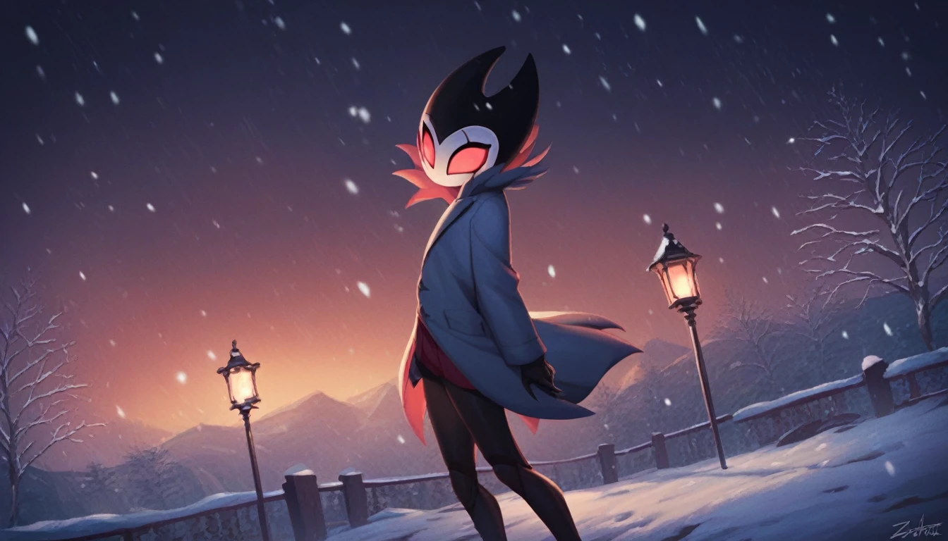 score_9, score_8_up, score_7_up, score_6_up, zPDXL2, grimm \(hollow knight\), vampire, bat, 1boy, solo, cute face, detailed eyes, anthro, clothed, landscape, highlight thighs, It's snowing outside, it's night, a lamp is on nearby, outdoor, winter coat, smiling, in a train station, profile picture, highlight thighs 