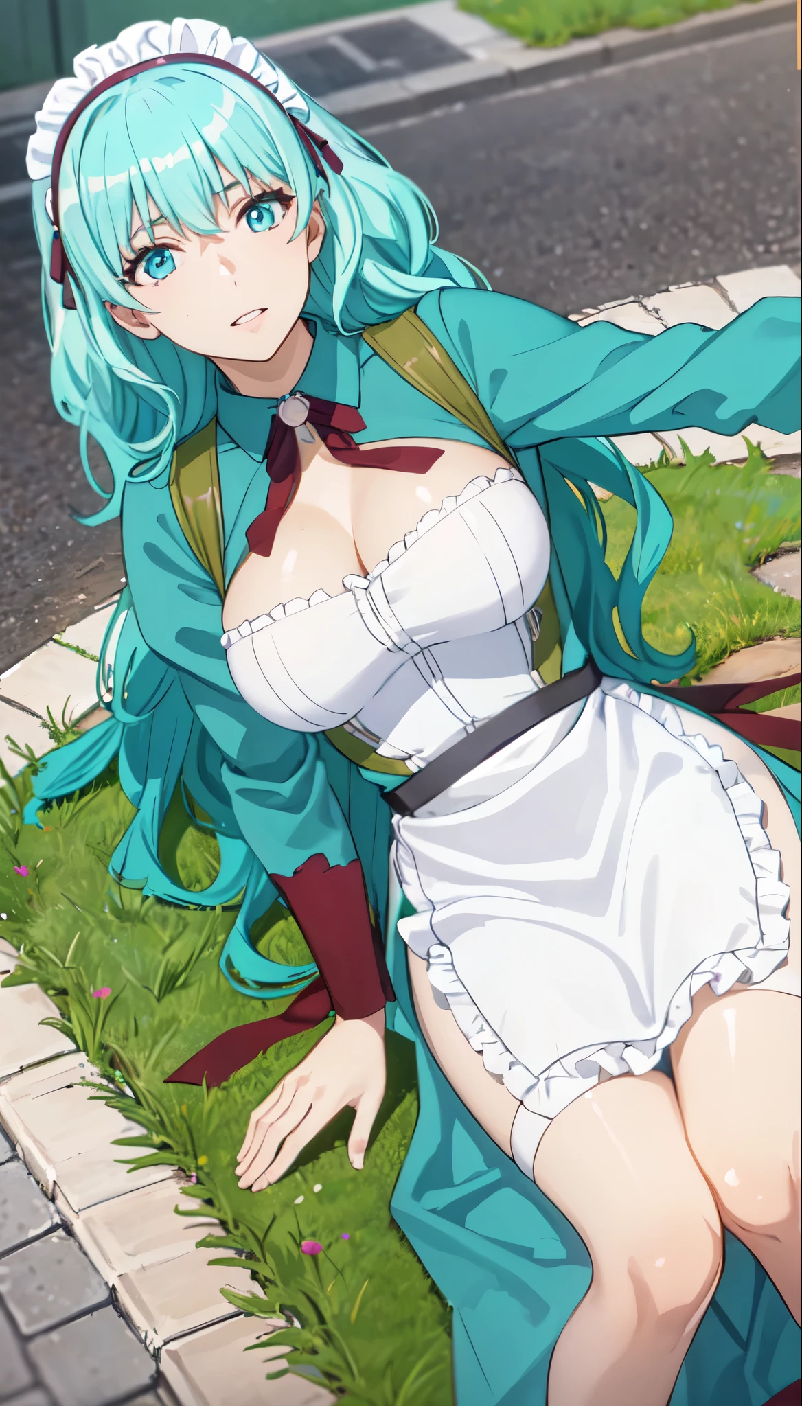 photorealistic, (4k), depth of field, (Masterpiece), (realistic skin texture), extremely detailed, intricate, hyper detailed, professional photography, bokeh, high resolution, sharp detail, best quality, girl, aqua hair, blue eyes, aqua maid dress, maid headdress, frills, apron, . dynamic pose, (lying on side),   outdoors, park, light rays, grass, (park bench:1.3),