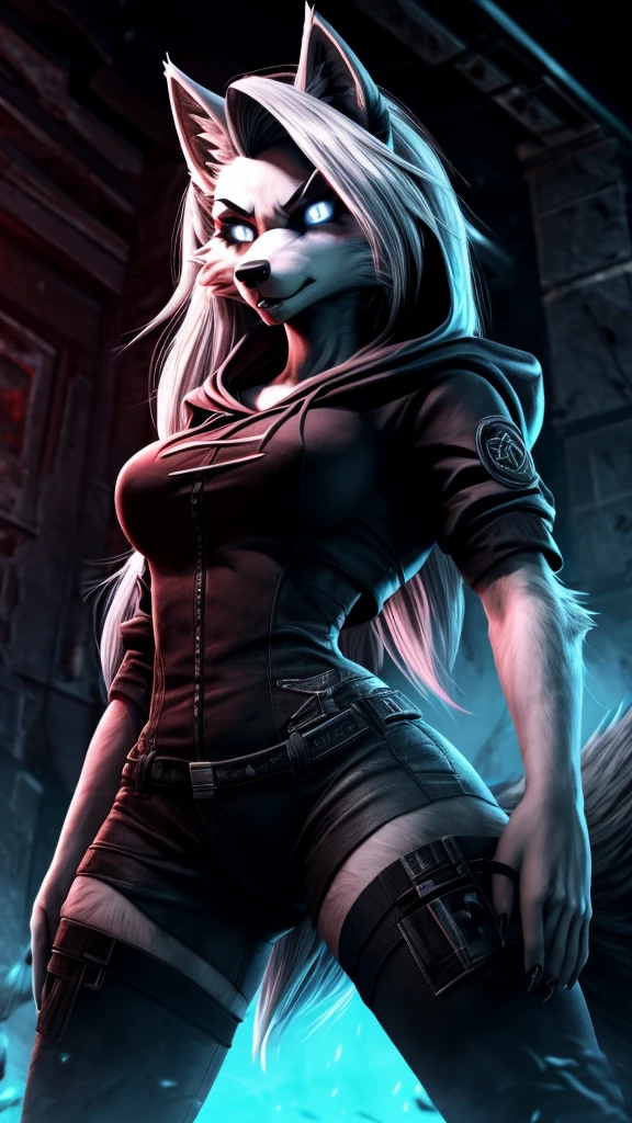 Loona from Helluva Boss, female wolf, anthro, mature adult, white hair, grey eyes, infected with Blacklight virus, based, Prototype game series, hooded, standing, menacing, glowing eyes, bloody, detailed, solo, beautiful, high quality, 4K