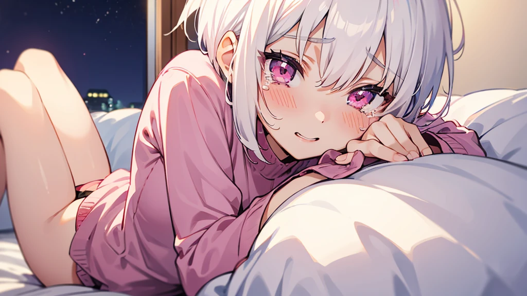 White Hair Girl、Pink Eyes、Short Hair、Only one girl、Night、In the bedroom、Blushing、laughing、Excited、Just One、Sitting on the bed、Sweating、With tears in their eyes