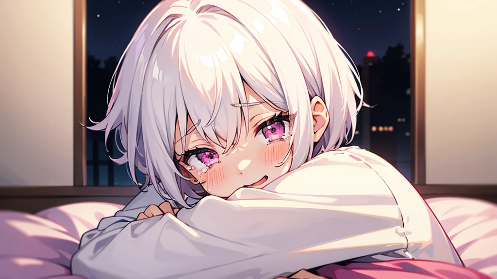 White Hair Girl、Pink Eyes、Short Hair、Only one girl、Night、In the bedroom、Blushing、laughing、Excited、Just One、Sitting on the bed、Sweating、With tears in their eyes