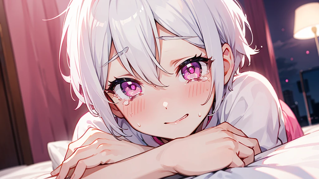 White Hair Girl、Pink Eyes、Short Hair、Only one girl、Night、In the bedroom、Blushing、laughing、Excited、Just One、Sitting on the bed、Sweating、With tears in their eyes
