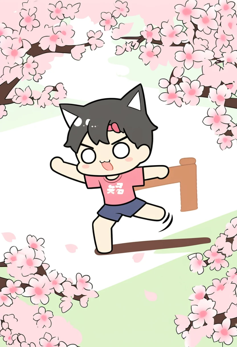 Cute cat training, peaceful garden, martial arts moves, surrounded by cherry blossoms, soft natural lighting, Japanese anime aesthetics, chibi style, digital illustration, T-shirt print design, pastel colors, high-quality digital artwork.