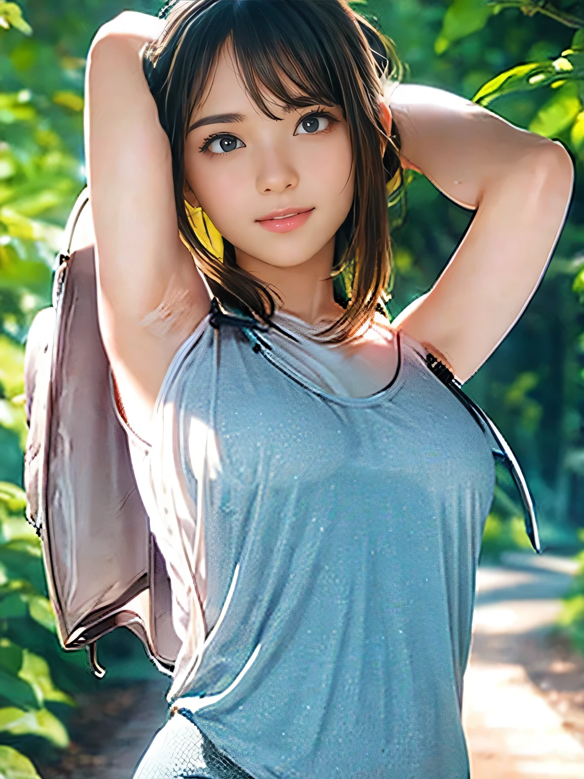 1girl, woman, 20 years old woman, girl in summer clothes, beautiful, medium breasts, flirtatious look, ((very detailed)), photorealistic image, high res, ((tanktop jersey:1.78)), looking at viewer:1.8, (1girl eyes looking at viewer:1.55), camisole, Plain costumes, Simple Background, Emphasis on the chest, Hands behind the body, White outfit, whole body, Raise your arms and show your armpits, show your armpits, hands behind head, photorealistic, (bokeh), best quality, 8k, UHD