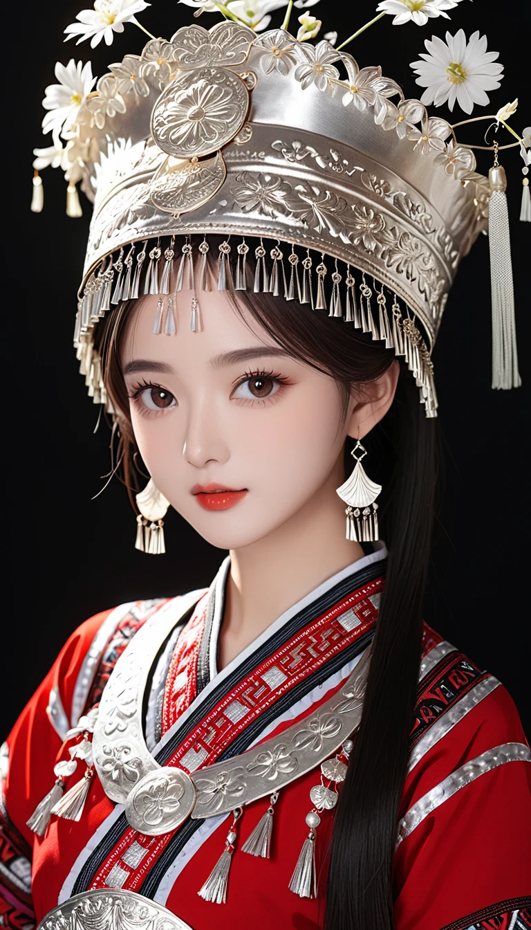 （8K，best quality，masterpiece：1.2），Ultra-high detail，Professional lighting，best quality，Ultra-high resolution，Visually stunning，（1 girl：1.1），（Miao clothing、hat），Real human skin，（Perfect body 1.3）Super delicate face。