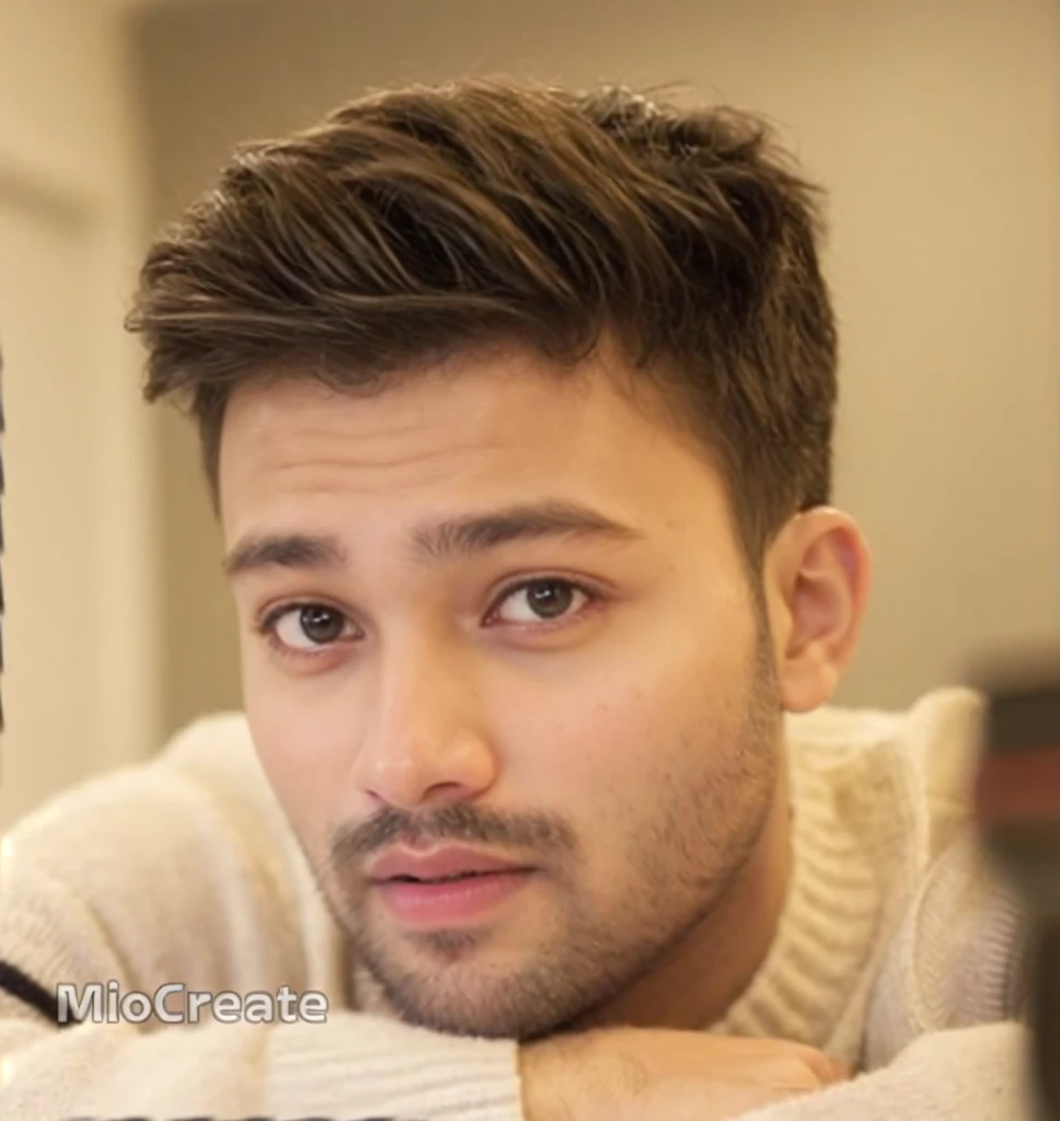 A beautiful young bearded man with highly detailed skin.black hair.happy emotion