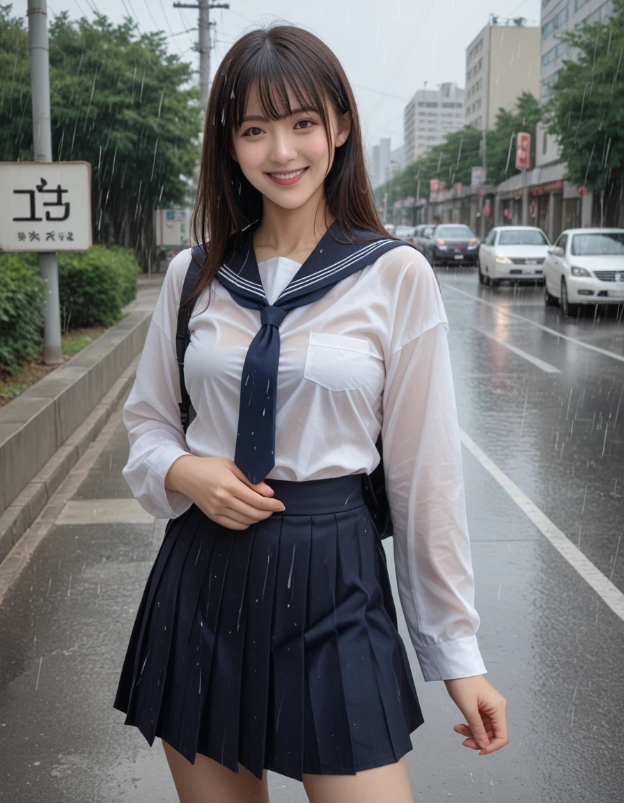 score_9,score_8_up,score_7_up,8K, breasts, A beautiful Japanese woman, 16yo, High school girl in the rain, (Her uniform is transparent and her underwear is visible:1.2)、(skirt:1.3)、Photorealistic and realistic Shibuya city background, smile,Mr.々A pose