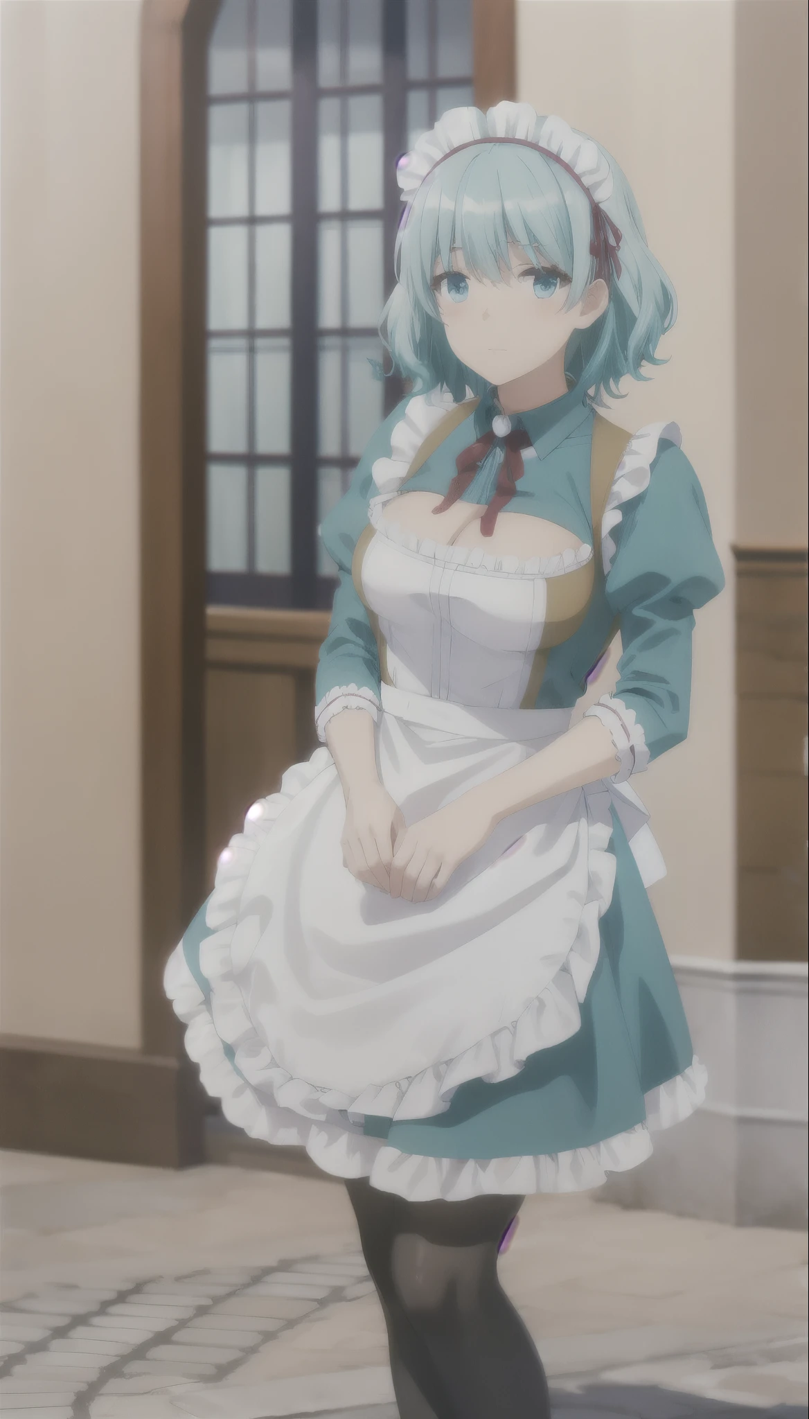 aqua hair
medium hair
blue eyes
aqua maid dress
maid headdress
frills
apron