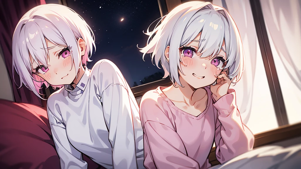 White Hair Girl、Pink Eyes、Short Hair、Only one girl、Night、In the bedroom、Blushing、laughing、Excited、Just One、Sitting on the bed、Sweating、With tears in their eyes